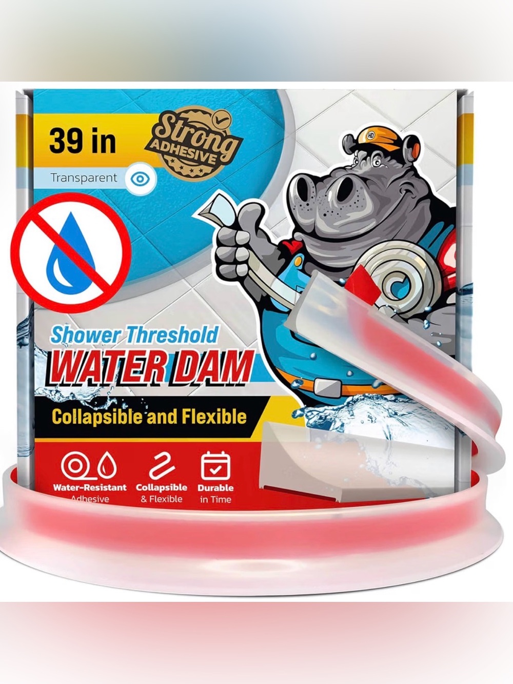 NWT Hippo Dam 39” Shower Threshold Water Barrier Clear Self Adhesive Flexible